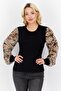 Women Crew Neck Long Sleeves Animal Print Blouse, Black Combo