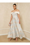 Blue Floral Jacquard Off-Shoulder A-Line Maxi Dress - 2