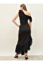 Plain Asymmetric Hem Off Shoulder Bodycon Maxi Dress with Rose Trim - 5