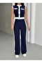 Women's Navy Blue Sleeveless Stripe Detailed Bottom Top Set - 2