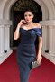 Lace Sequin Fabric Off-Shoulder Pencil Dress - Dark Blue - 3