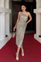 Sequin fabric single sleeve pencil dress - gold