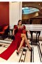 Stone Embroidered Feather Sleeve Detailed Slit Evening Dress - 5