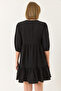 Women's Black Elasticized Collar Tie-Up Lined Short Dress 5500 60281034 - 8
