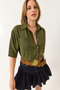 Women's Green Double Pocket Detailed Linen Aerobin Oversize Short Shirt 4619 60281020 - 4