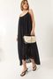 Women's Black Thin Strap Loose Lined Cotton Summer Long Linen Dress 5971 60281031 - 3