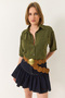 Women's Green Double Pocket Detailed Linen Aerobin Oversize Short Shirt 4619 60281020 - 5