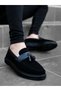 Tugerdi Laceless High Sole Black Belted Classic Tassel Style Men's Shoes TGE230155