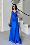 Cobalt Blue Thin Strap Slit Evening Dress with Flower Detail