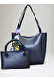 Women's Double Set with Scarf, Zipper and Snap Closure, Navy Blue Shopper Hand and Shoulder Bag