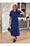Women's Short Sleeve Crew Neck Pocket Front Slit Viscose Two Thread Midi Dress - 2