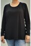 Gathered Collar Long Sleeve Black Combed Cotton Viscose T-Shirt - 3