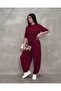 Soft Textured Fabric Oversize Crew Neck T-Shirt Jogger Sweatpants Tracksuit Set - Claret Red