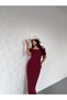 Women's Burgundy Madonna Collar Textured Long Knitwear Dress - 3