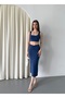 Women's Blue Front Gathered Detailed Lined Midi Skirt Thick Strap Top and Bottom Set - 6
