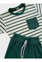 Boy's 100% Cotton Green and White Striped Pocket Waffle Fabric Short Sleeve Shorts Summer Suit - 3