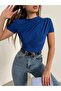 Strivex Short Sleeve Sandy Fabric Cross Shirring Detailed Draped Crew Neck Women Blouse