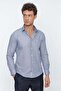Men's Dark Navy Blue Long Sleeve Patterned Oxford Hard Collar Slim Fit Classic Shirt 1004225206