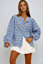 Women's Blue Button Detailed Embroidered Balloon Sleeve Blouse Vgn-X10694 - 2