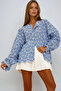 Women's Blue Button Detailed Embroidered Balloon Sleeve Blouse Vgn-X10694