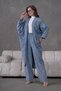 Women's Front Sequin Embroidered Stone and Pearl Detailed Denim Kimono Cardigan and Denim Trousers Top and Bottom Set