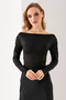 Women's Boat Neck Shoulder Gather Detailed Long Sleeve Blouse Black - 2433 - 2