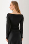 Women's Boat Neck Shoulder Gather Detailed Long Sleeve Blouse Black - 2433 - 6