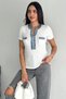 Women's White Denim Detailed Sequin Embroidered 100% Cotton Short Sleeve Knitwear Blouse - 3