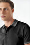 Cotton Regular Collar Detailed Fit Buttoned Polo Neck Black t Shirt Men - 2