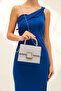 Women's Platinum Satin Covered Accessory Detailed Chain Evening Dress Shoulder Bag - 6