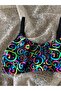 Girl's Waiter Flexible Adjustable Strap Black Colorful Patterned Skirt Bikini Suit - 4