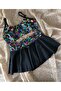 Girl's Waiter Flexible Adjustable Strap Black Colorful Patterned Skirt Bikini Suit - 3