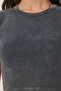Faded Effect Crop Knitted T-Shirt Anthracite Lus0112 - 4