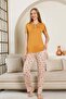 Teddy Bear Patterned Women's Pajamas Set - Light Brown Color Lycra Viscose Short Sleeve 2849Ky - 3
