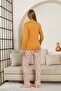 Teddy Bear Patterned Women's Pajamas Set - Light Brown Color Lycra Viscose Long Sleeve 2849Uy - 5