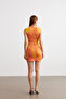 Women's Orange Jacquard Fabric Square Neck Crop Mini Skirt Suit - 8