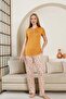 Teddy Bear Patterned Women's Pajamas Set - Light Brown Color Lycra Viscose Short Sleeve 2849Ky