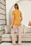 Teddy Bear Patterned Women's Pajamas Set - Light Brown Color Lycra Viscose Short Sleeve 2849Ky - 5