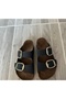 Women's black nubuck gold buckle double strap adjustable buckle casual slippers - 8