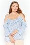 Women Scoop Neck Cold Shoulder Sleeves Floral Print Blouse, Light Blue