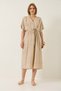 Women's Beige V-Neck Tie-Detail Pocketed Bat Cut Loose Dress 60283210 - 2