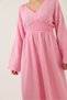 Women's Candy Pink V-Neck Waist Gathered Wide Sleeve Slit Detail Long Cotton Muslin Dress 3016 60283196 - 5