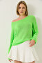 Women's Neon Green Boat Neck Knitwear Mercerized Basic Blouse 251014 60283138 - 4