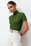 Olive Green Draped Detail Fitted/Body-Hugging Short Sleeve Mock Neck Stretchy Knit Blouse TWOSS24BZ00426 - 2
