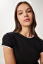 Women's Black Bone Contrast Color Knitted T-Shirt Ub00369 - 2