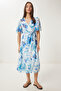 Women Blue White Floral Pattern Flounces Summer Chiffon Dress Ci00115 - 2