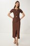 Women's Brown Ribbed Knitted Dress with Gold Accessories Zh00045 - 2
