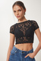 Women's Black Lace Stretchy Crop Blouse Kh00094 - 2