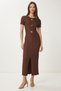 Women's Brown Ribbed Knitted Dress with Gold Accessories Zh00045