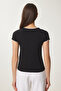 Women's Black Bone Contrast Color Knitted T-Shirt Ub00369 - 5